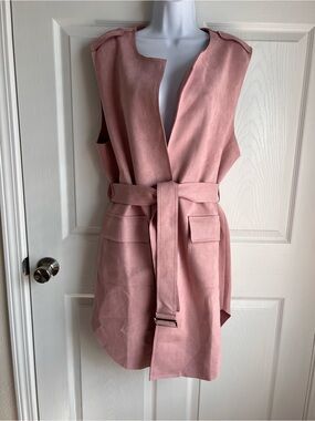 Sleeveless Midi Belted Dress Vest in Dusty Rose Faux Suede